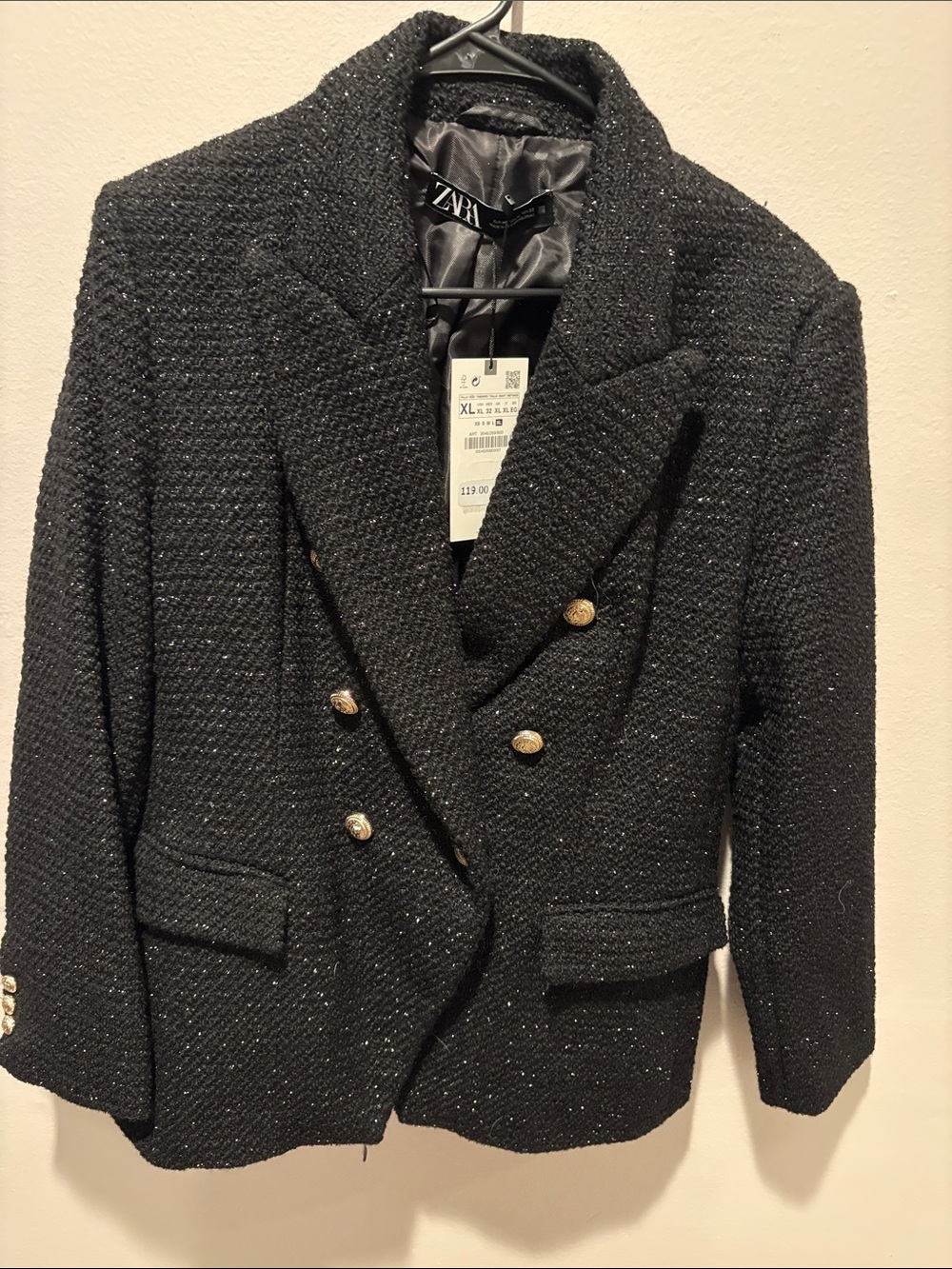 Zara Black Tweed Double-Breasted Blazer with Gold Buttons